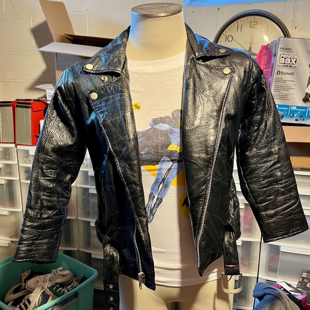 Vintage patchwork black leather biker jacket rare XS size